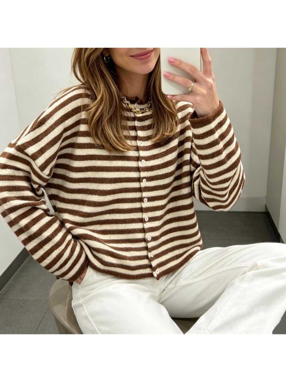 Women's Dark Khaki Stripes Cardigans Long Sleeve Button Down Loose Top Sweaters
